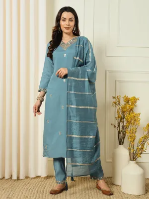 Aqua Blue Classy Designer Readymade Pant Suit With Embroidery WOrk