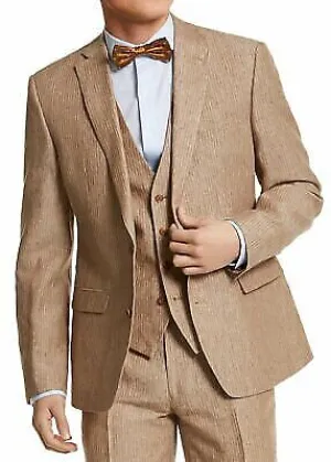 Bar III Mens Slim-Fit Tan Pinstripe Linen Suit Jacket