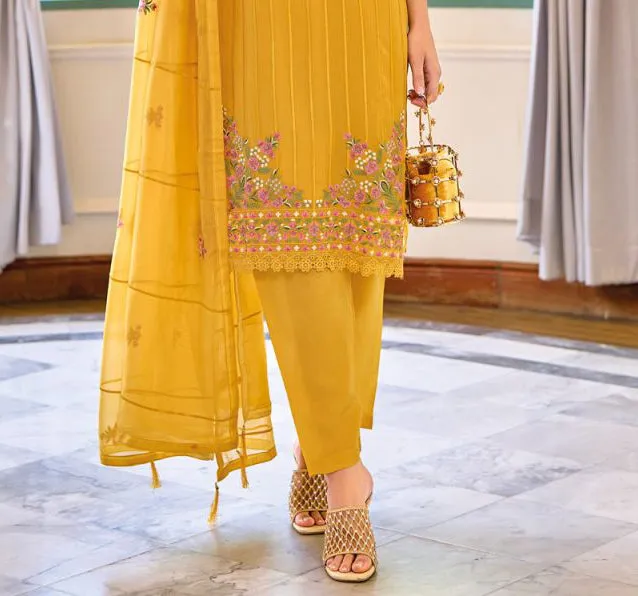 Beautiful Organza Party Wear Designer Kurti Suits With Mustard Yellow Color