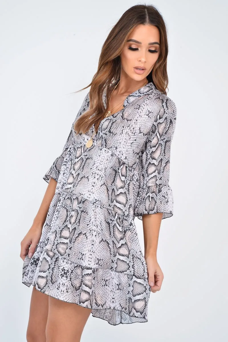 Beige Snake Satin Flute Sleeve Shift Dress - Khloey