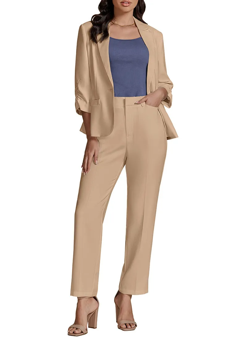 Beige Two piece set of women's 3/4 sleeve business coat and pants suit