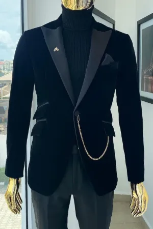 Black Peaked Lapel Two Pieces Men Velvet Prom Suits