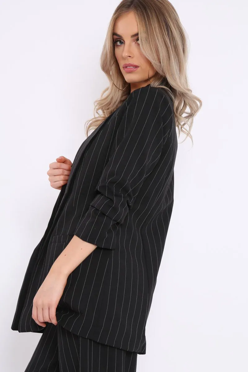 Black Pinstripe Ruched Sleeve Blazer - Romelia