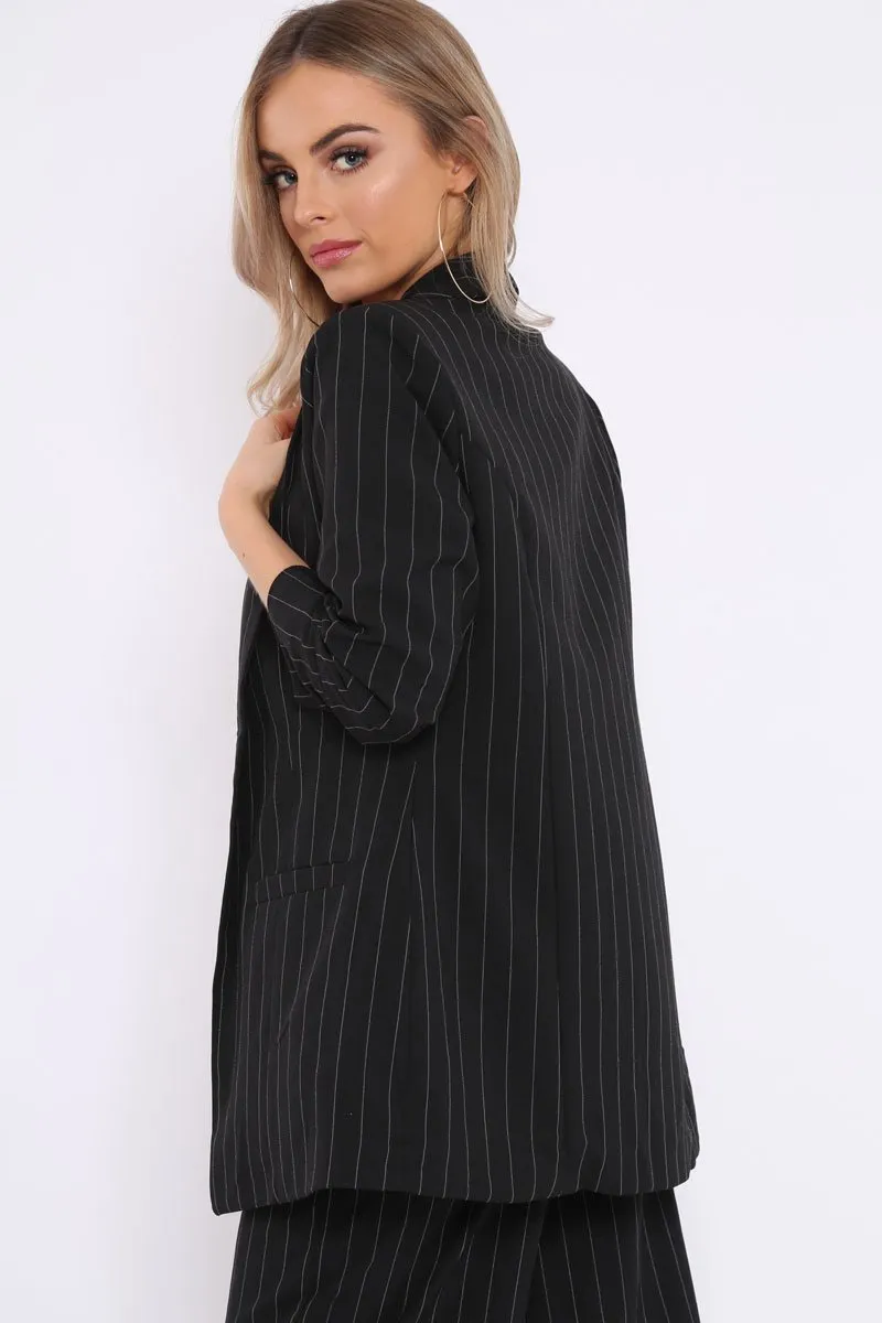 Black Pinstripe Ruched Sleeve Blazer - Romelia