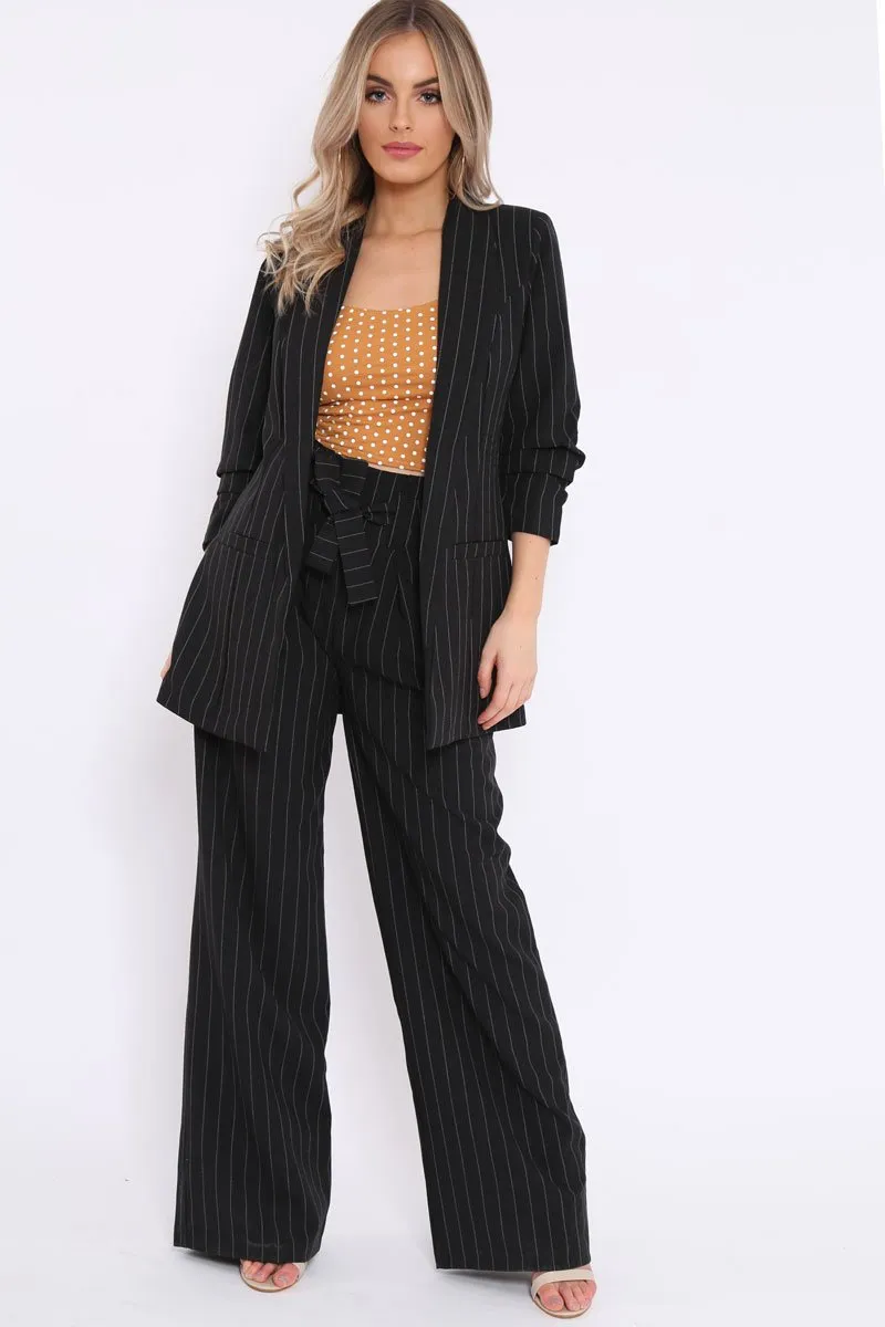 Black Pinstripe Ruched Sleeve Blazer - Romelia