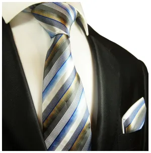 Blue and Tan Striped Silk Tie and Pocket Square