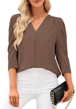 Brownie Women's Casual Office Outfit 3/4 Puff Sleeve Button-Down Shirts