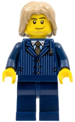 Businessman, Pinstripe Jacket and Gold Tie, Dark Blue Legs, Dark Tan Mid-Length Tousled Hair, Smirk and Stubble