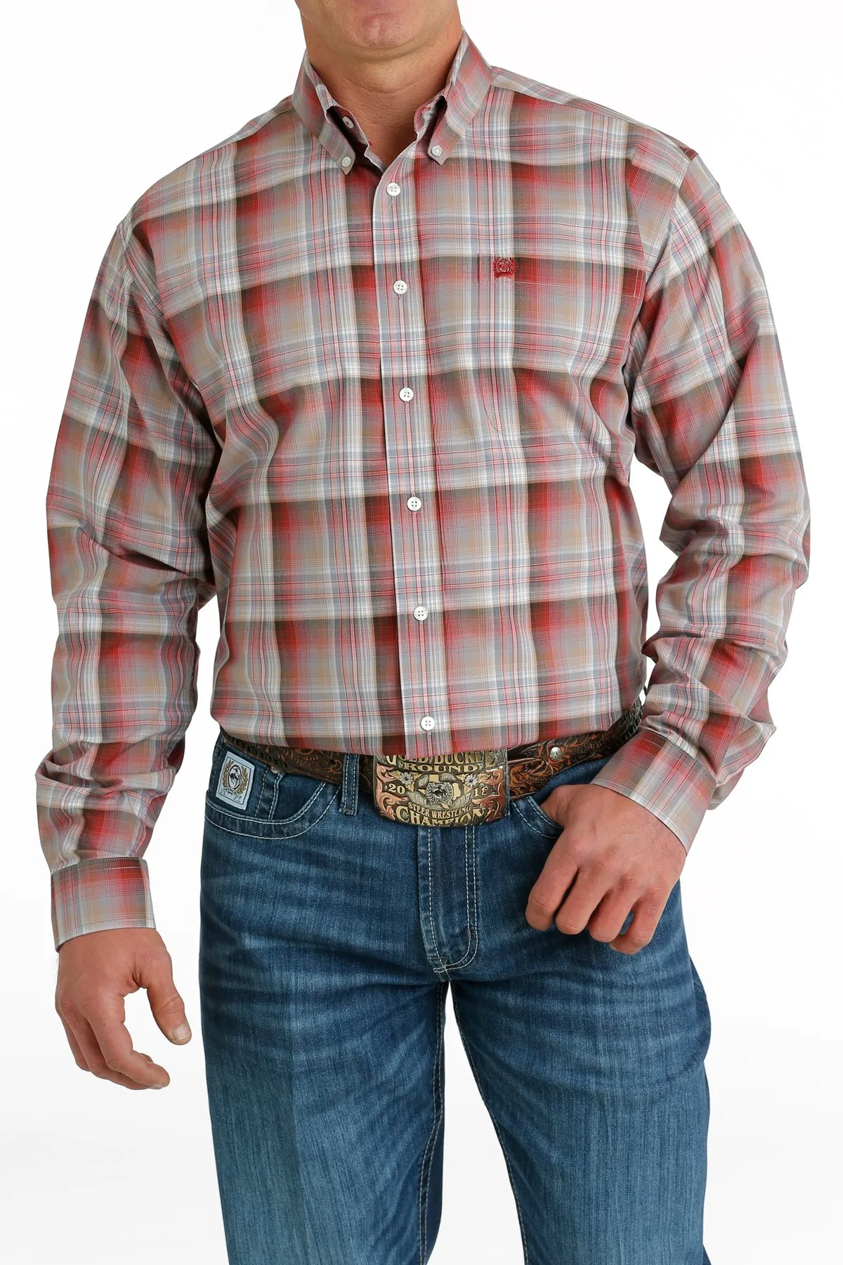 Cinch Men's Plaid Button Down Western Red Khaki Brown Shirt