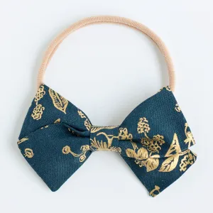 Classic Hair Bow Clip Or Headband / Navy Metallic Toile