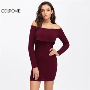 COLROVIE Long Sleeve Mini Dress Womens Autumn Winter Dresses Women Sexy Party Burgundy Off Shoulder Ruffle Bodycon Dress