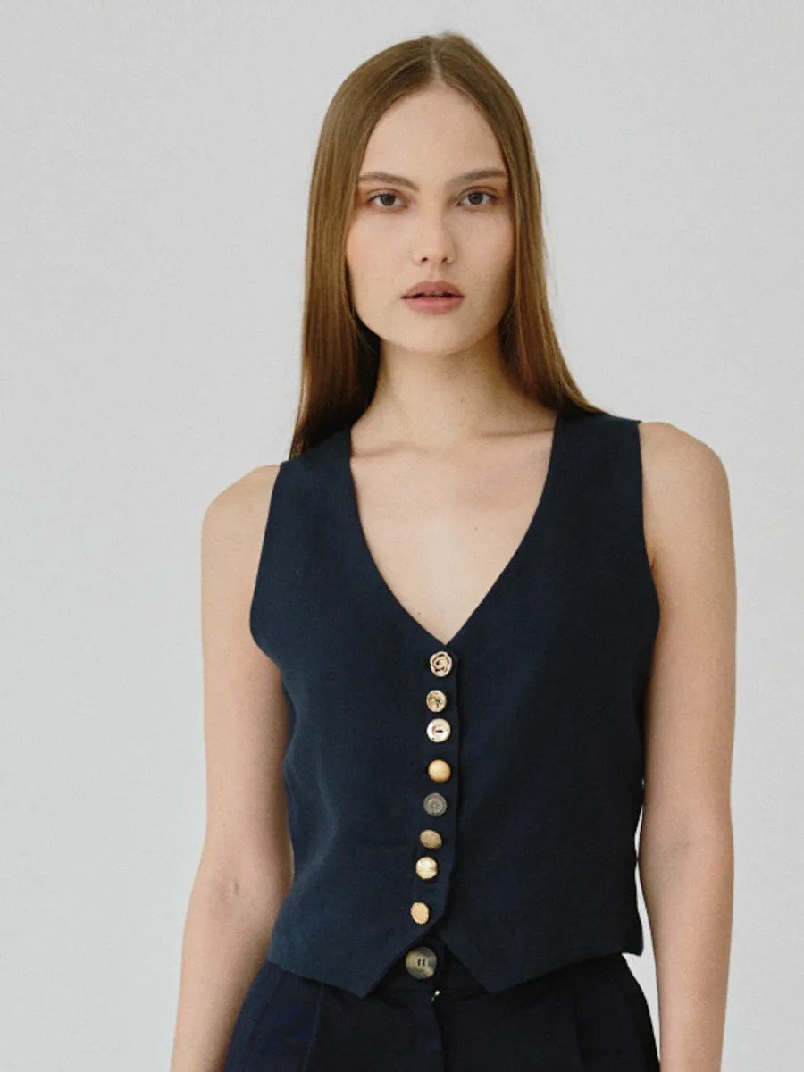 Daphne Linen Waistcoat in Navy