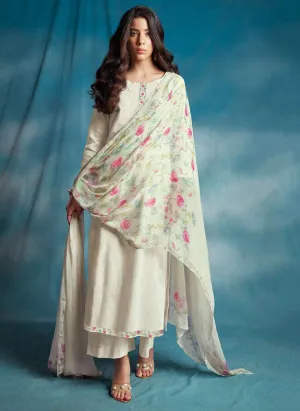 Ganga Off-White Unstitched Cotton Linen Printed Salwar Suit Material