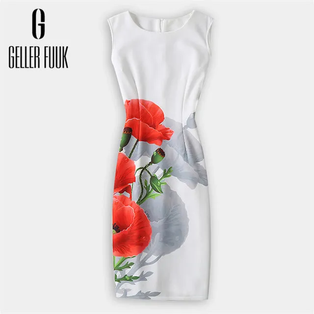 Geller Fuuk 2017 New Summer Women Dress Sleeveless Work Style Sheath Knee-Length Print Pack Hip Party Dresses O-Neck #A804