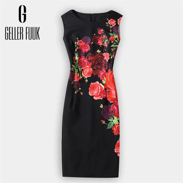 Geller Fuuk 2017 New Summer Women Dress Sleeveless Work Style Sheath Knee-Length Print Pack Hip Party Dresses O-Neck #A804