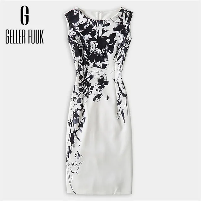 Geller Fuuk 2017 New Summer Women Dress Sleeveless Work Style Sheath Knee-Length Print Pack Hip Party Dresses O-Neck #A804