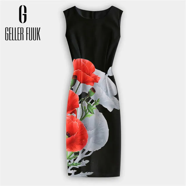 Geller Fuuk 2017 New Summer Women Dress Sleeveless Work Style Sheath Knee-Length Print Pack Hip Party Dresses O-Neck #A804