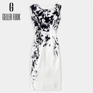 Geller Fuuk 2017 New Summer Women Dress Sleeveless Work Style Sheath Knee-Length Print Pack Hip Party Dresses O-Neck #A804