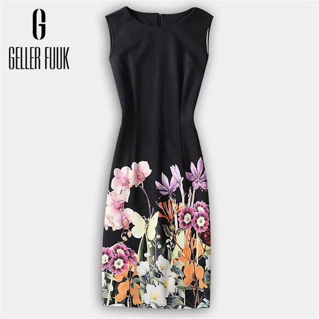 Geller Fuuk 2017 New Summer Women Dress Sleeveless Work Style Sheath Knee-Length Print Pack Hip Party Dresses O-Neck #A804