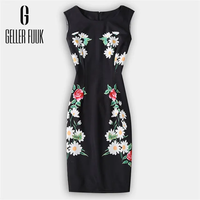 Geller Fuuk 2017 New Summer Women Dress Sleeveless Work Style Sheath Knee-Length Print Pack Hip Party Dresses O-Neck #A804