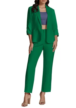 Green Two piece set of women's 3/4 sleeve business coat and pants suit