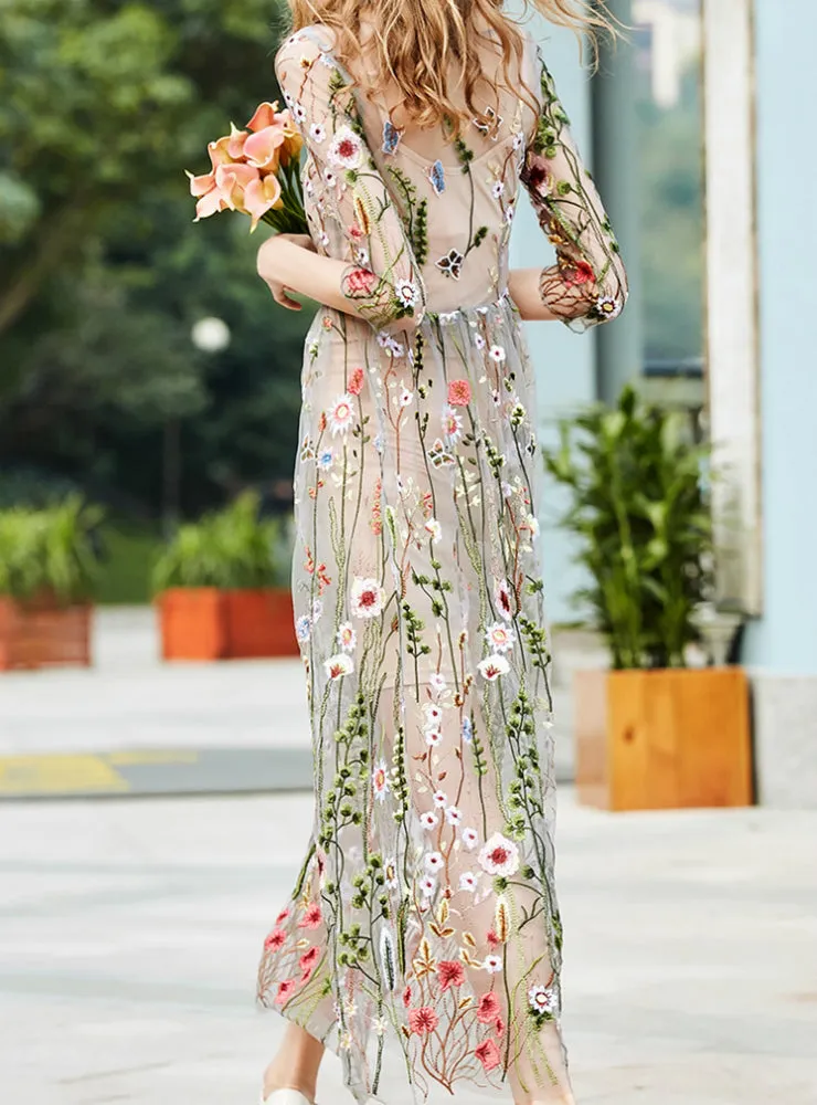 Half Sleeves Sheer Mesh Embroidery Boho Bohemian Long Dress