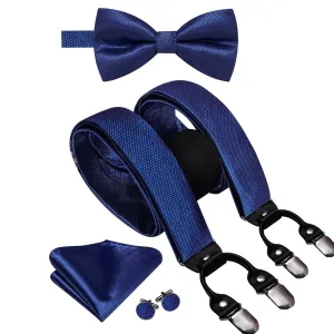 Hi-Tie Dark Blue Plaid Suspender Bowtie Hanky Cufflinks Set