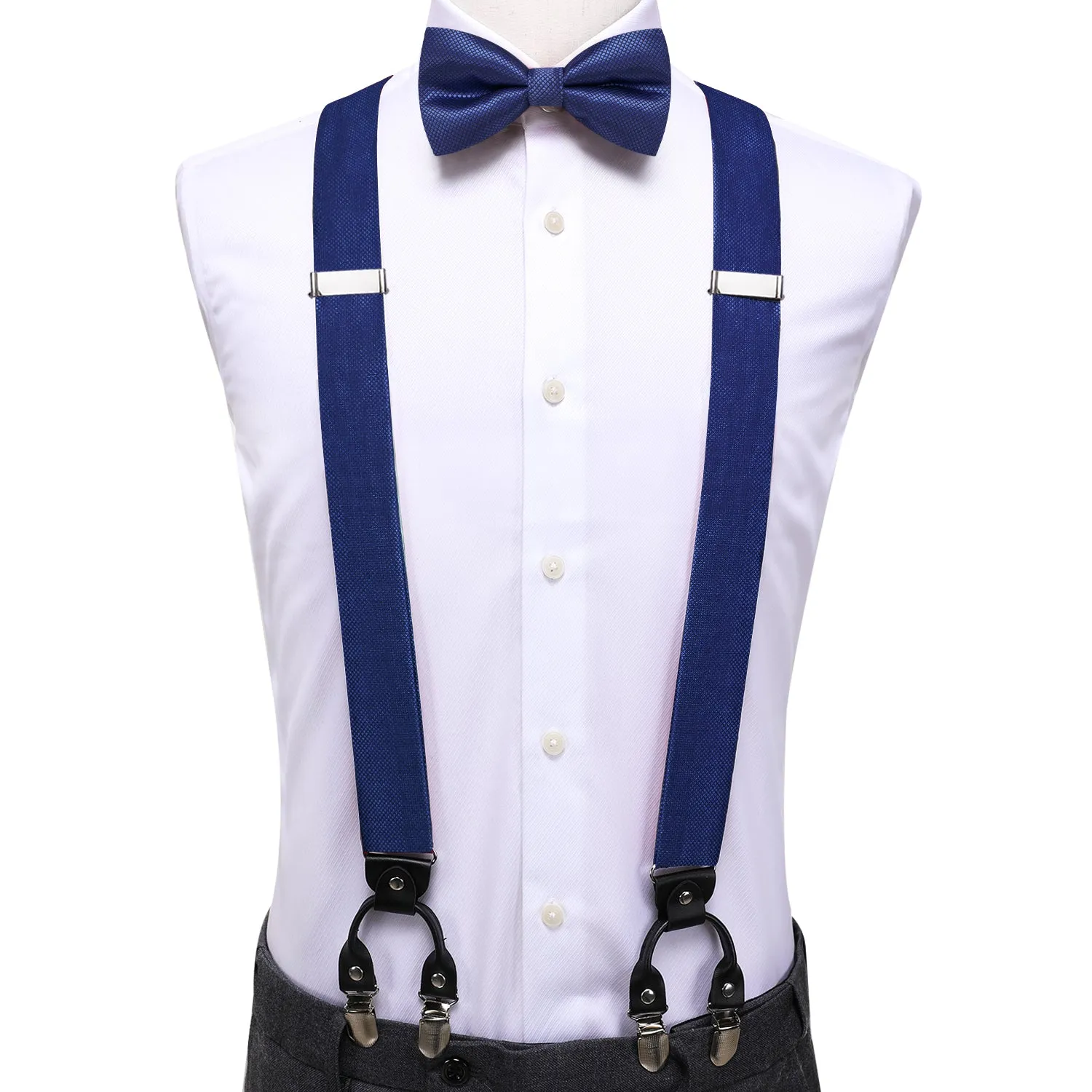 Hi-Tie Dark Blue Plaid Suspender Bowtie Hanky Cufflinks Set