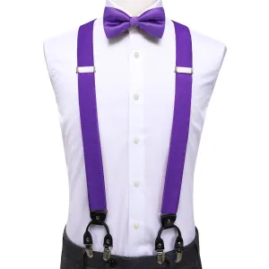 Hi-Tie Dark Purple Plaid Suspender Bowtie Hanky Cufflinks Set Formal