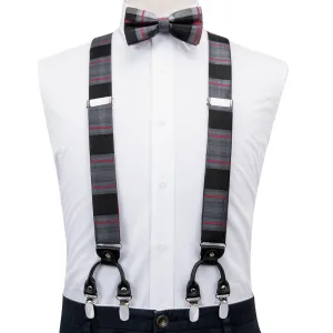 Hi-Tie Grey and Black Striped Suspender Bow Tie Hanky Cufflinks Set