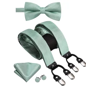 Hi-Tie Mint Green Solid Suspender Bowtie Hanky Cufflinks Set