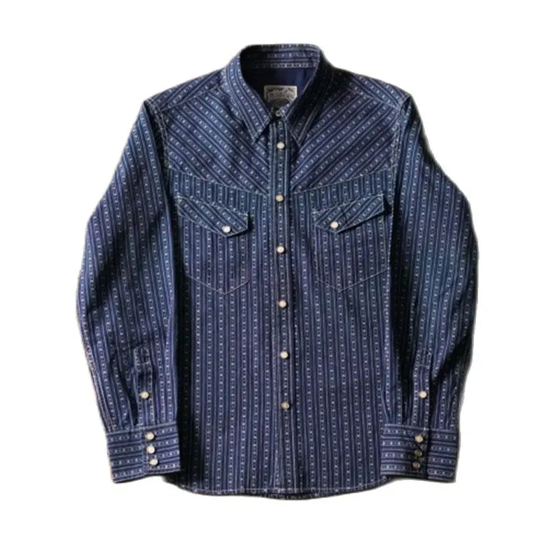 Men's Indigo Stripes Denim Shirt with Long Sleeves - Regular Fit