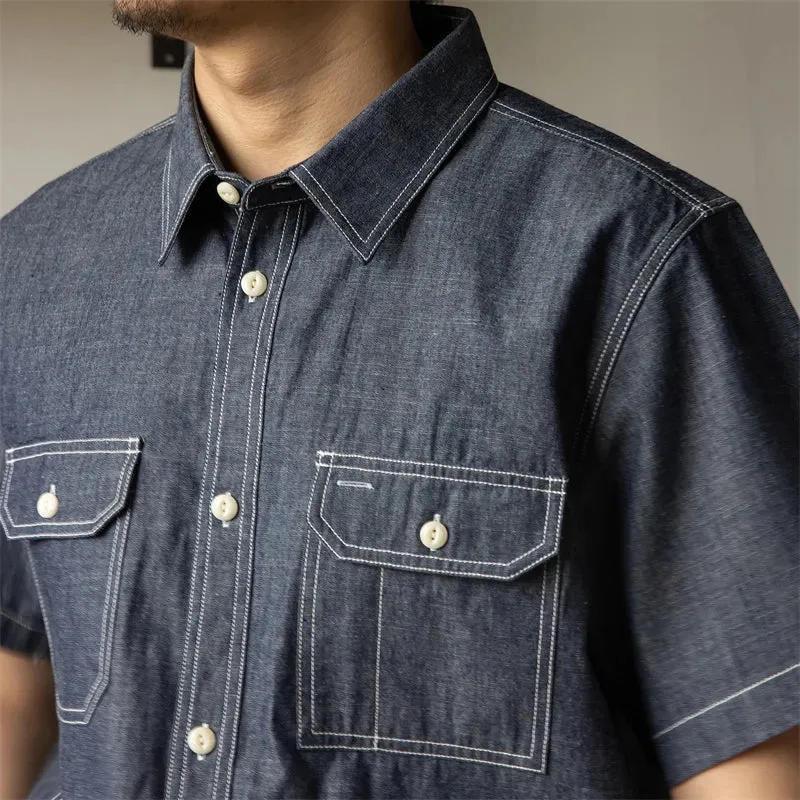 Men's Short Sleeve Denim Work Shirt - Retro Button-Down Work Wear