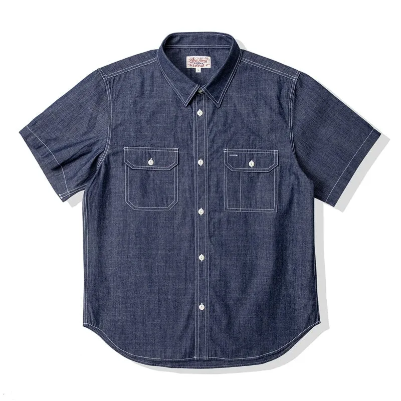 Men's Short Sleeve Denim Work Shirt - Retro Button-Down Work Wear