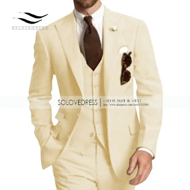 Men's Suit Formal Business Suits 3-Pieces Notch Lapel Solid Tuxedos Best Man For Wedding Groomsmen (Blazer vest Pants) Beige New