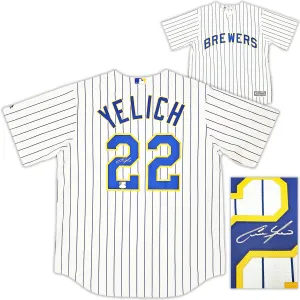 Milwaukee Brewers Christian Yelich Autographed White Pinstripe Majestic Jersey Size L JSA Stock #215529