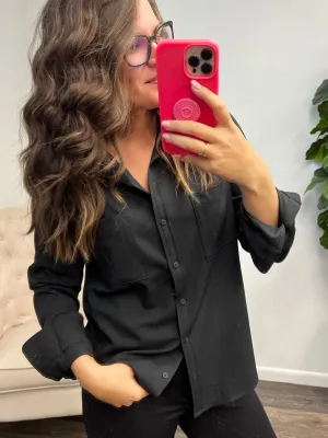 Monique Button Up Long Sleeve Blouse - Deep Black (Ships in 1-2 Weeks)