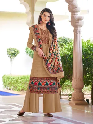 Pashmina Beige Unstitched Winter Suits With Printed Dupatta