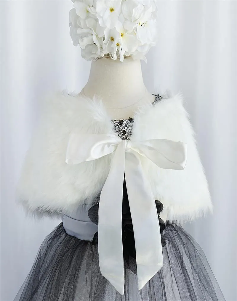 RIBBON BOW SHOULDER WRAP SOFT FAUX FUR SHAWL - Ivory