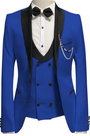 Royal Blue Three Pieces Slim Fit Prom Suits Groomen Suits with Peaked Lapel