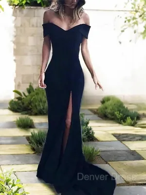 Sheath Off-the-Shoulder Court Train Jersey Prom Dresses With Leg Slit