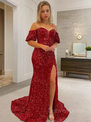 Sheath Off-the-Shoulder Court Train Velvet Sequins Prom Dresses With Leg Slit