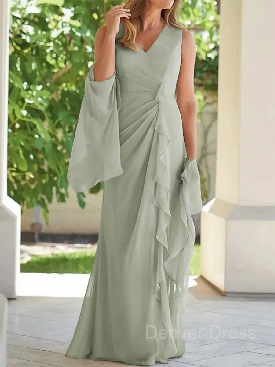 Sheath V-neck Floor-Length Chiffon Mother of the Bride Dresses With Ruched