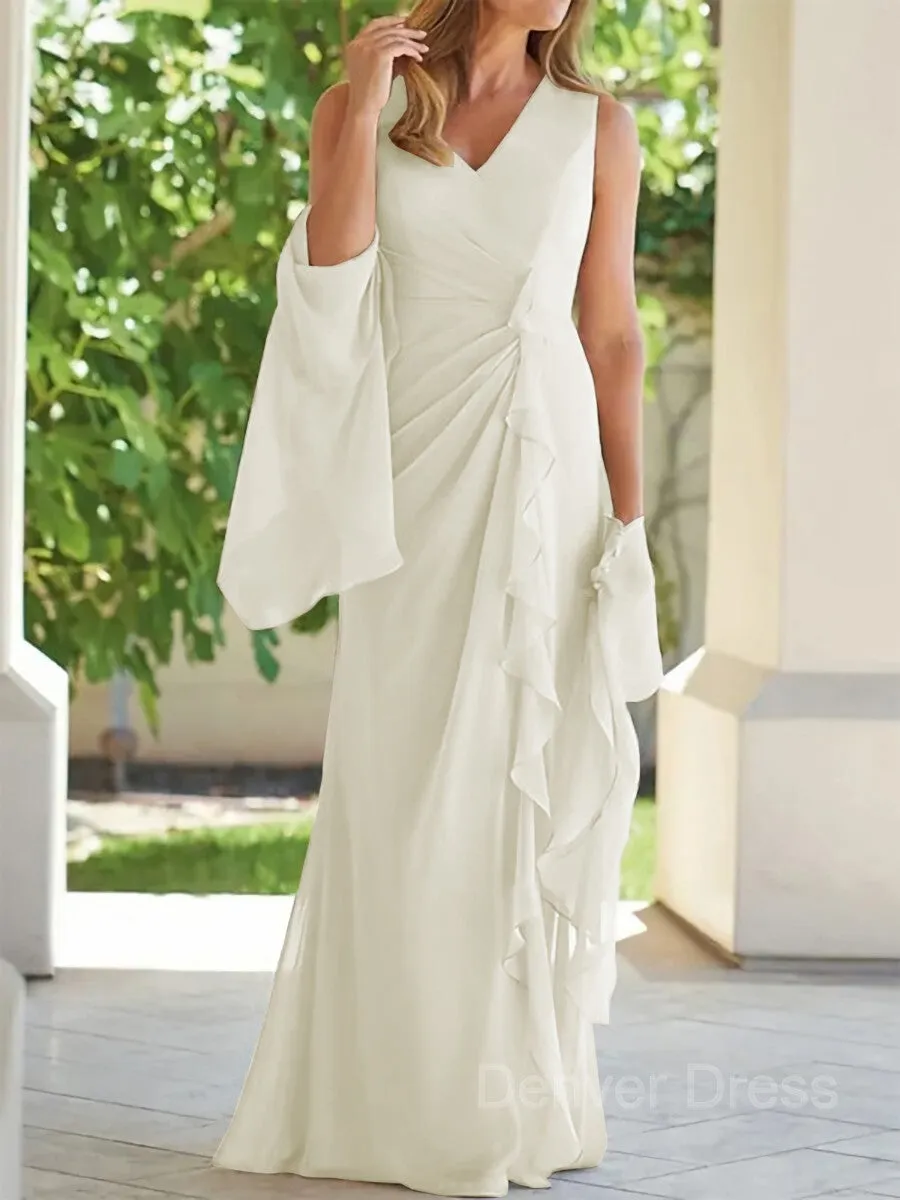 Sheath V-neck Floor-Length Chiffon Mother of the Bride Dresses With Ruched