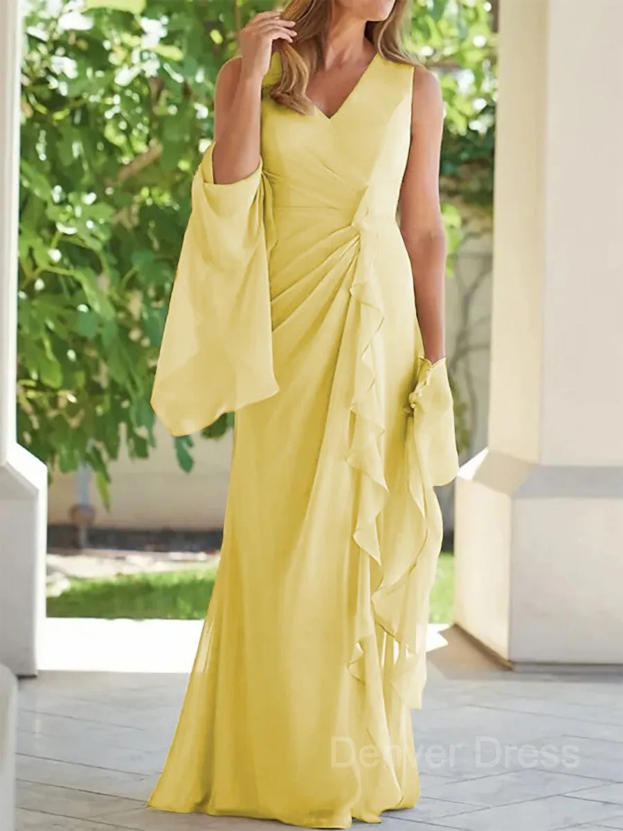 Sheath V-neck Floor-Length Chiffon Mother of the Bride Dresses With Ruched