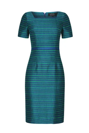 Shift Dress in Blue/Green Viscose Check with Square Neck and Piping Detail - Alexa