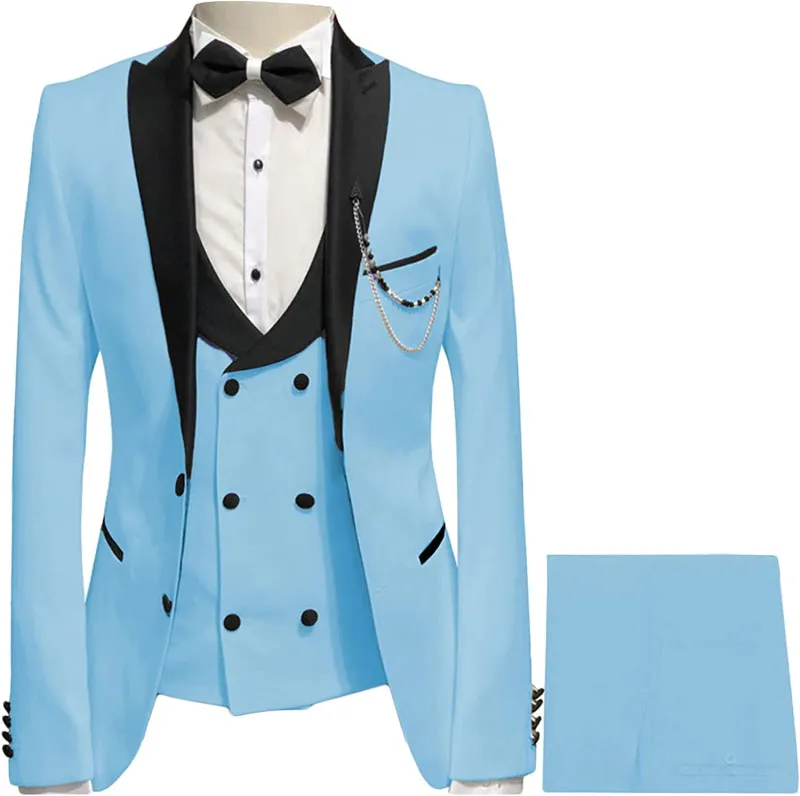 Sky Blue Three Pieces Prom Suits Black Peaked Lapel Slim Fit Wedding Suits