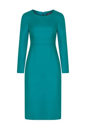 Teal Wool Dress with Long Sleeves and Waistband - Toni