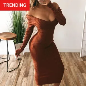 Trendy Long Sleeve  Solid Color Low Cut Long Knitted Dress