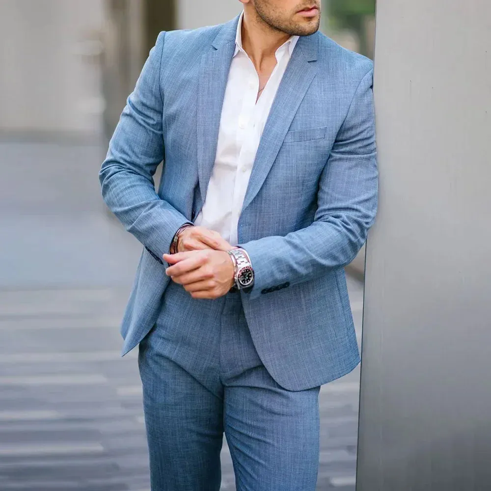 Wiaofellas  -  Blue Linen Mens Suits Elegant High Quality Slim Fit Blazer Hombre Summer Business Smart Casual Custom 2 Piece Set Costume Homme